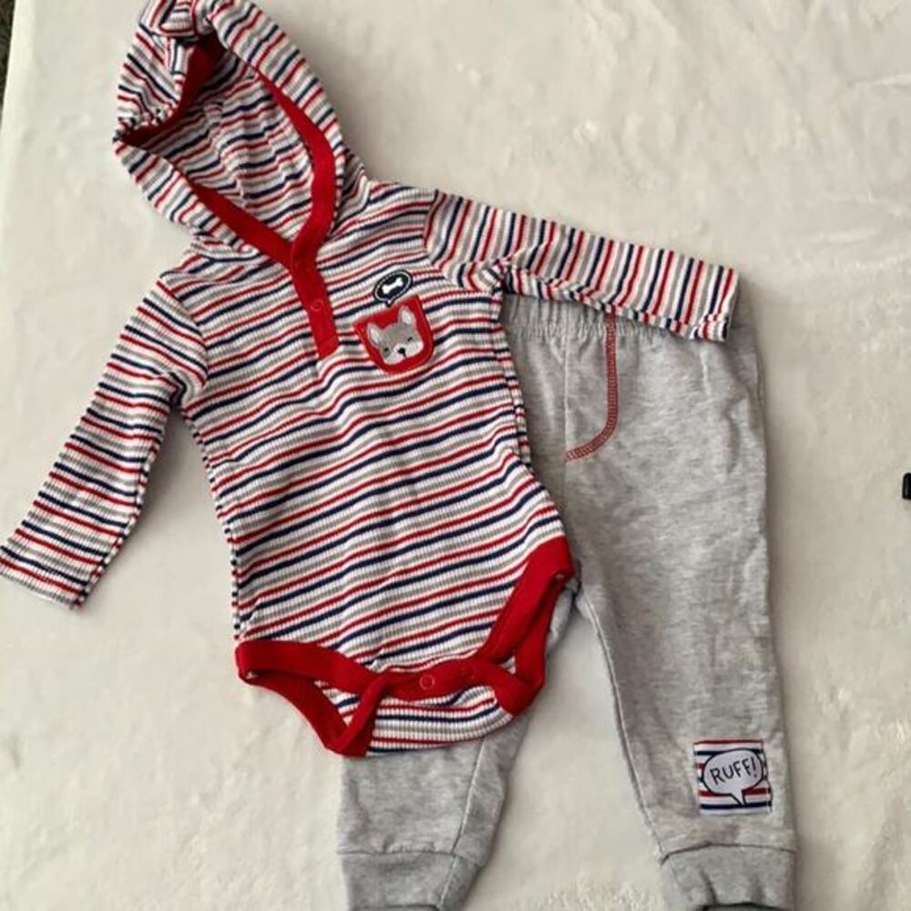 Dapper Dude Striped Dog Hooded One Piece with Gray Sweatpants‎ Size 3-6 Months